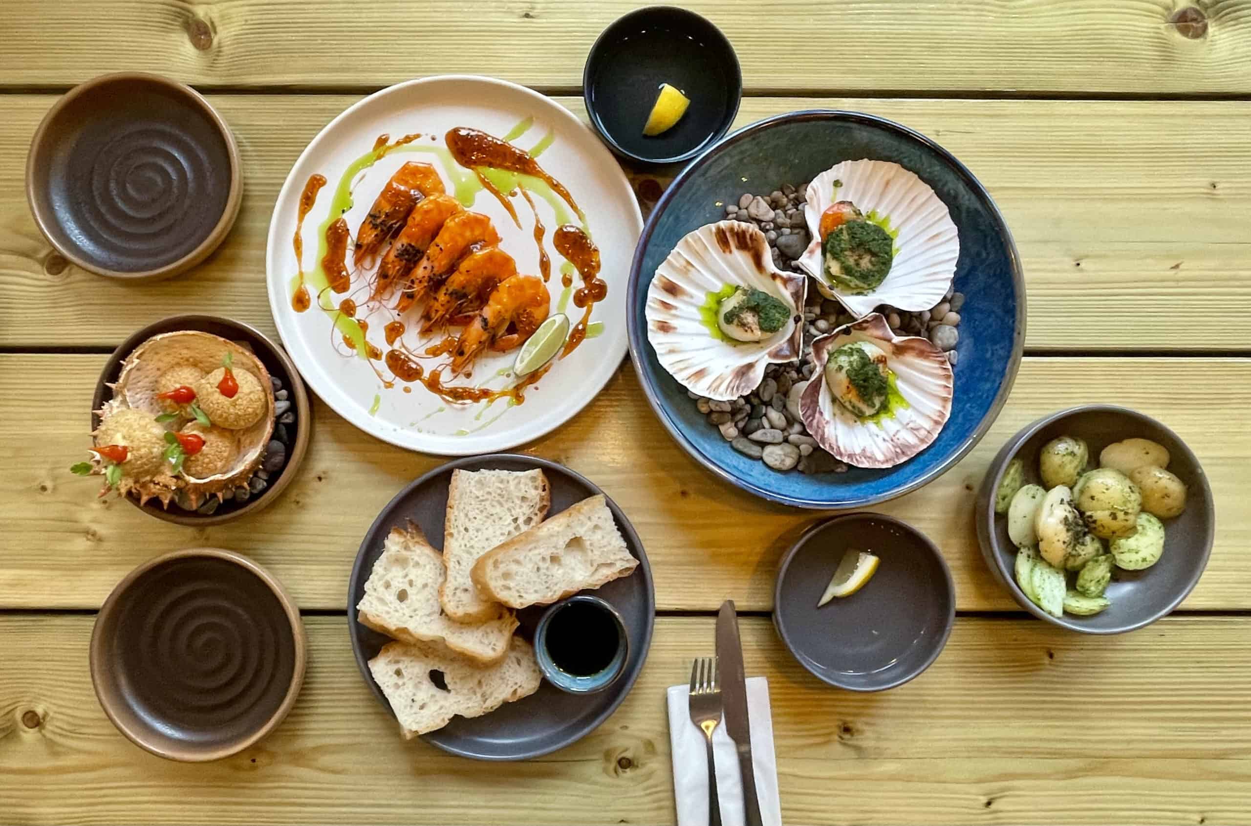 overhead shot of seafood platters on a wooden table
